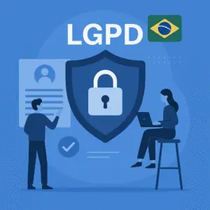 Empresário analisando relatório digital de conformidade à LGPD com ícones de cadeado e escudo, representando segurança de dados corporativos.