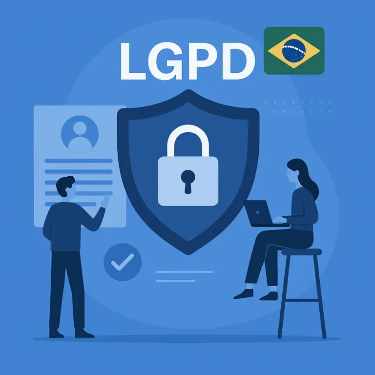 Empresário analisando relatório digital de conformidade à LGPD com ícones de cadeado e escudo, representando segurança de dados corporativos.